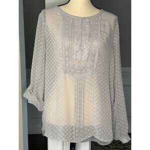 Daniel Rainn Dotted Swiss Blouse w/Lace Trim and Roll Tab Sleeves Soft Gray XL